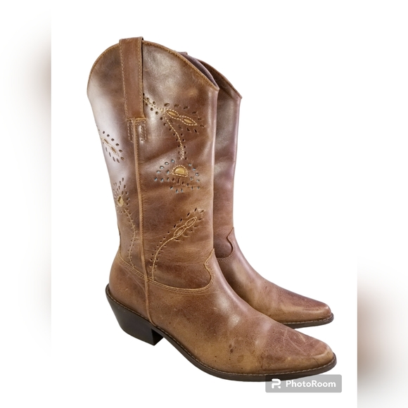 MATISSE WESTERN COWGIRL FLORAL CUT OUT WOMEN BOOTS BROWN LEATHER SIZE 7.5 M - Picture 1 of 9